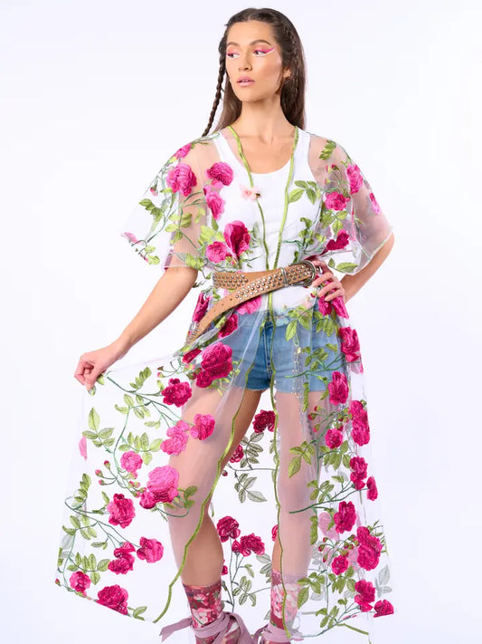 Holiday of Love Embroidered Mesh Kimono / Topper