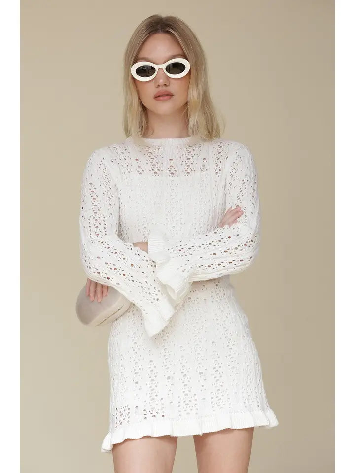 Crochet Cotton Ruffle Trim Mini Dress