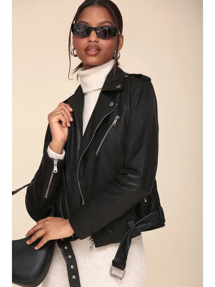 Genuine Leather Belted Biker Jacket